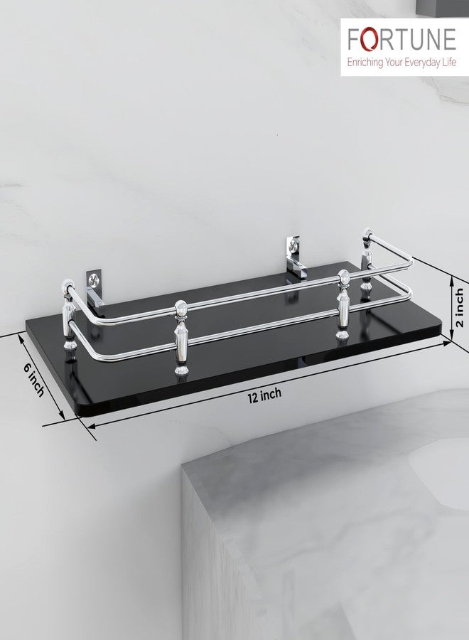 FORTUNE Multipurpose Wall Hung Glass Front Bathroom Shelf with Wall Brackets Storage Holder, 12 x 6 -inch -Black (Pack of 1) - Image 3